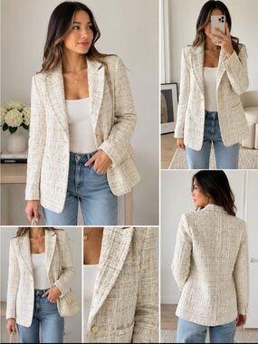 VICI x Emily Travis Cream Tweed Blazer Jacket Gold Thread Boucle Textured Small